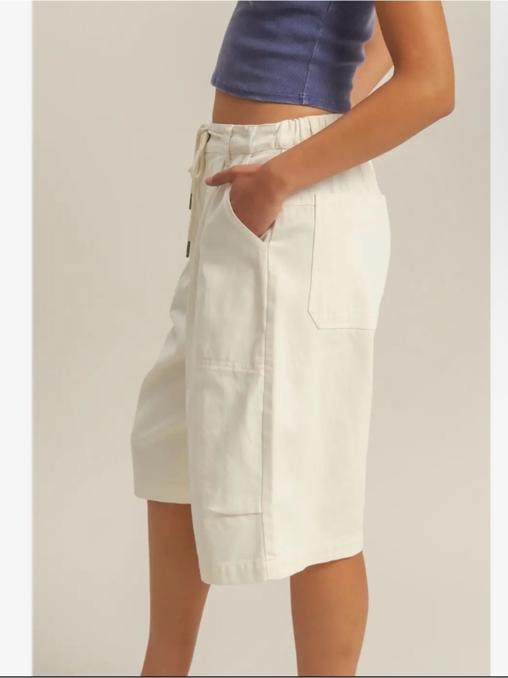 Double Zero Cream Wide-Leg Drawstring Bermuda Shorts - Picture 2 of 4